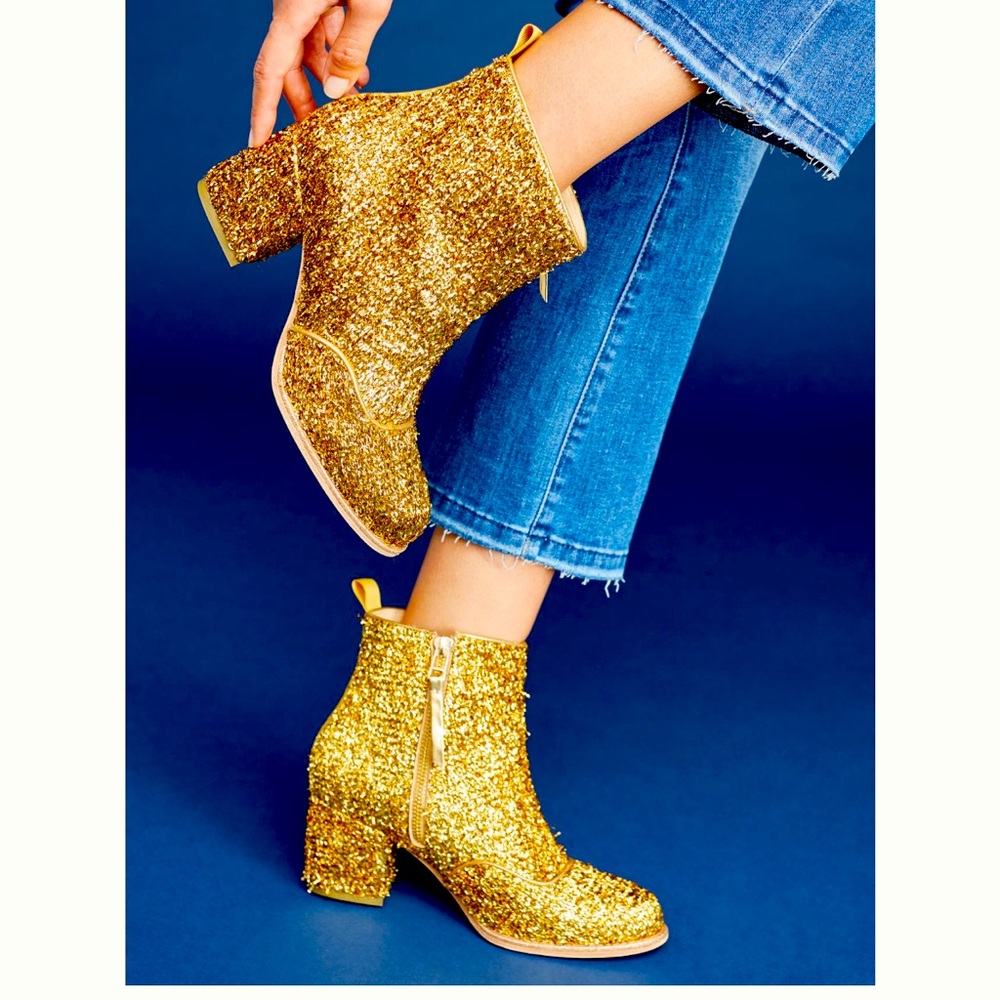 Anthropologie Bill Blass tinsel gold glitter booties